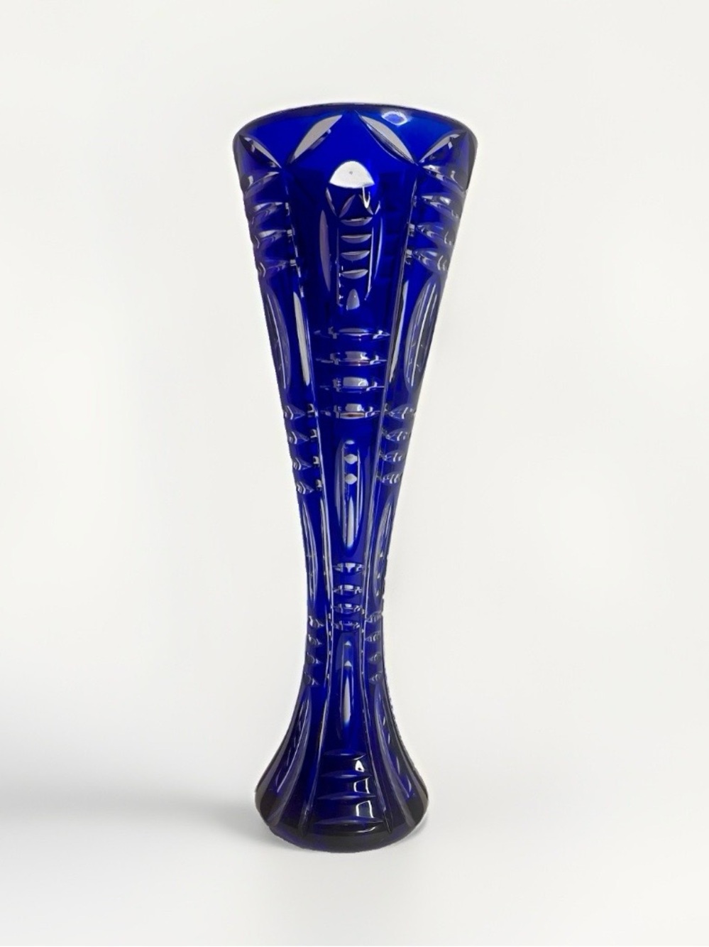 Vintage Cobalt Blue Cut Crystal Vase 12” Pedestal Geometric Art Glass Heavy Read
